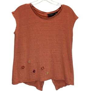 Tahari Terracotta Linen Cap Sleeve Hand Embroidered Top w/ Button Detail - Small